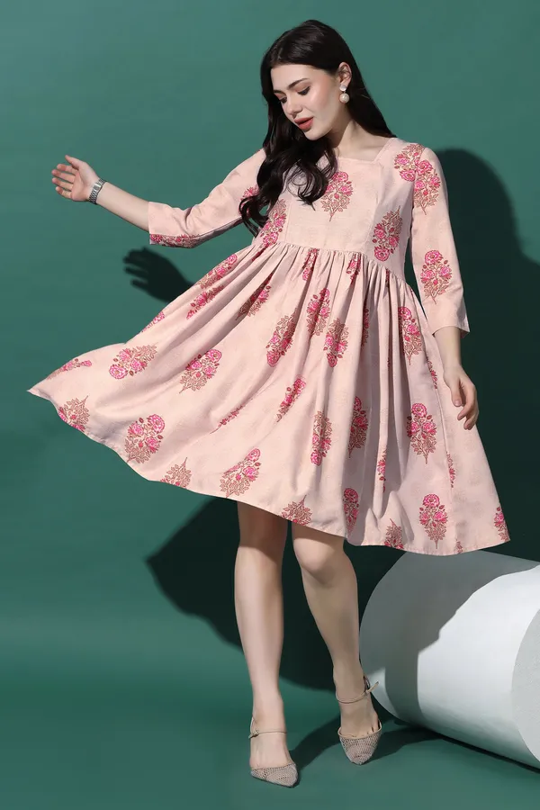 Light_Peach_Dress_with_Floral_Print_|_Premium_Fabric_and_Knee_Length_Dress_For_Women