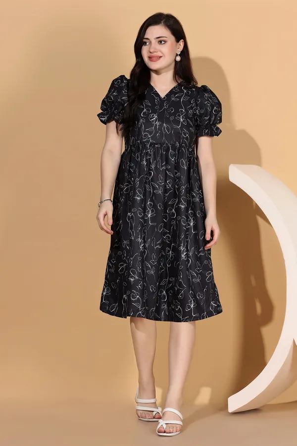 Black_Dress_with_Floral_Print_|_Premium_Fabric_and_Knee_Length_Dress_For_Women