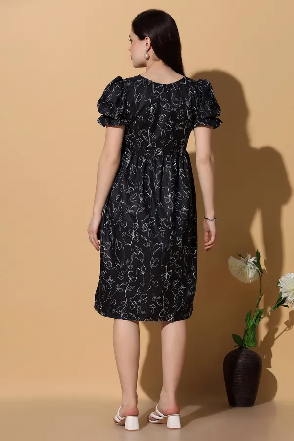 Black_Dress_with_Floral_Print_|_Premium_Fabric_and_Knee_Length_Dress_For_Women
