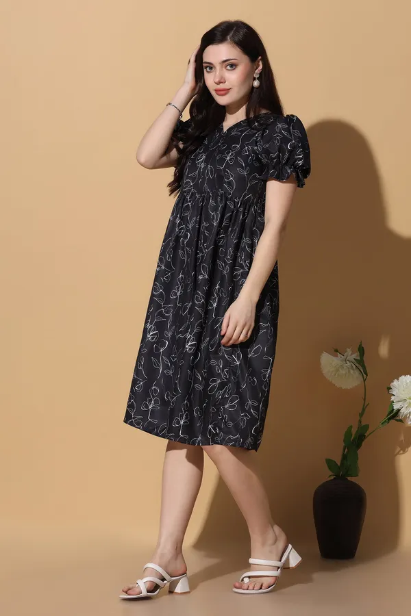 Black_Dress_with_Floral_Print_|_Premium_Fabric_and_Knee_Length_Dress_For_Women
