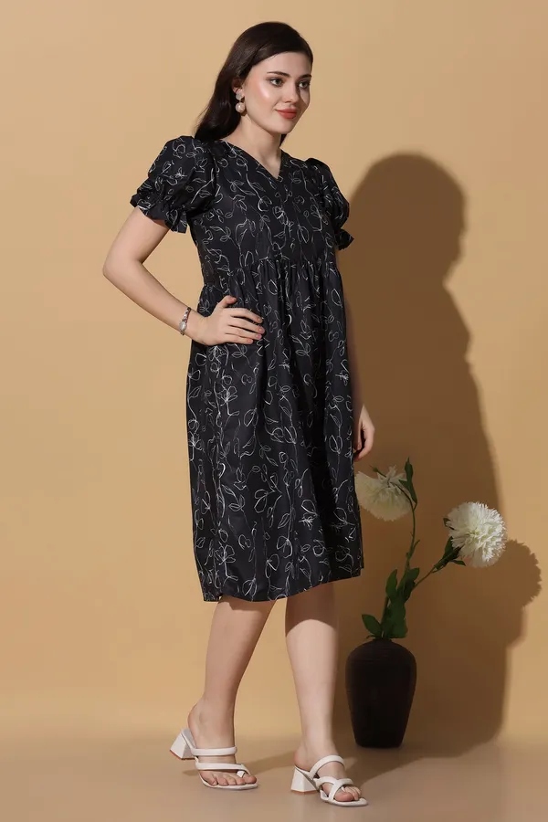 Black_Dress_with_Floral_Print_|_Premium_Fabric_and_Knee_Length_Dress_For_Women