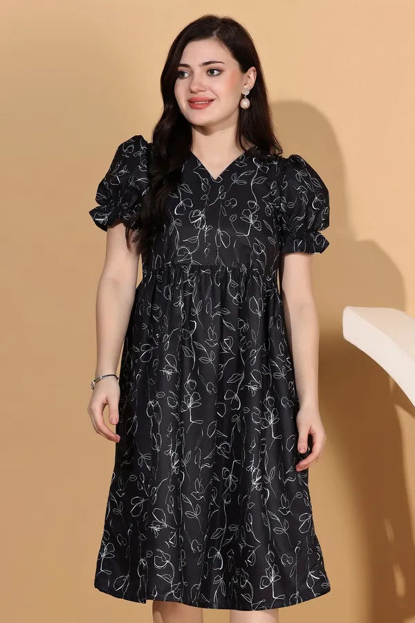 Black_Dress_with_Floral_Print_|_Premium_Fabric_and_Knee_Length_Dress_For_Women