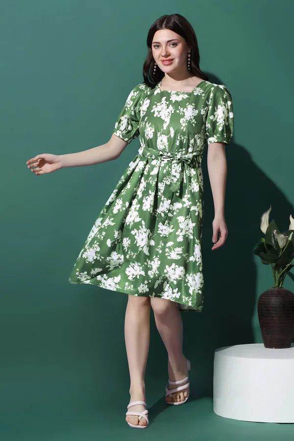 Green_Dress_with_Floral_Print_|_Premium_Fabric_and_Knee_Length_Dress_For_Women