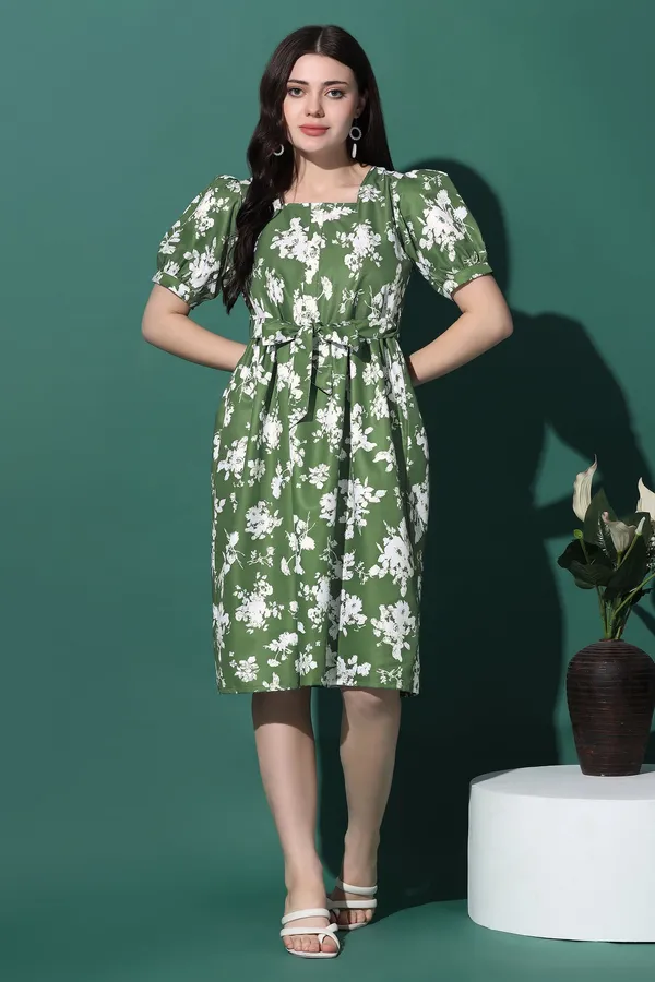 Green_Dress_with_Floral_Print_|_Premium_Fabric_and_Knee_Length_Dress_For_Women