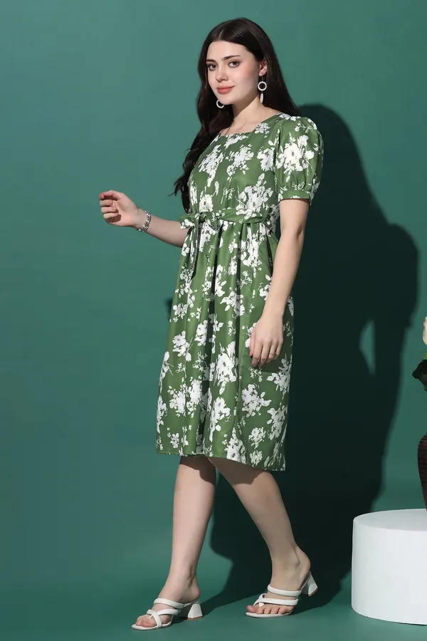 Green_Dress_with_Floral_Print_|_Premium_Fabric_and_Knee_Length_Dress_For_Women