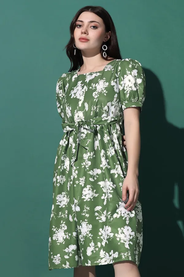 Green_Dress_with_Floral_Print_|_Premium_Fabric_and_Knee_Length_Dress_For_Women