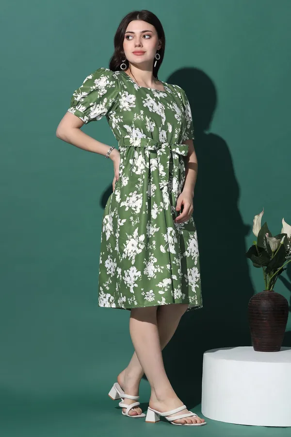 Green_Dress_with_Floral_Print_|_Premium_Fabric_and_Knee_Length_Dress_For_Women