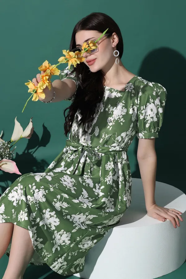 Green_Dress_with_Floral_Print_|_Premium_Fabric_and_Knee_Length_Dress_For_Women