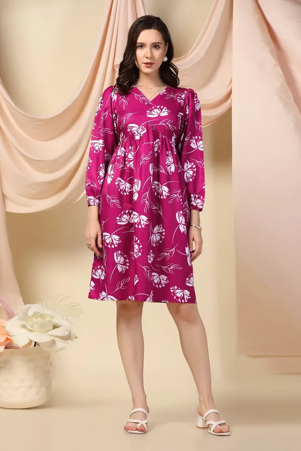 Magenta_Dress_with_Floral_Print_|_Premium_Fabric_and_Knee_Length_Dress_For_Women