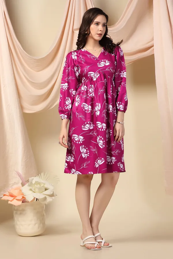 Magenta_Dress_with_Floral_Print_|_Premium_Fabric_and_Knee_Length_Dress_For_Women