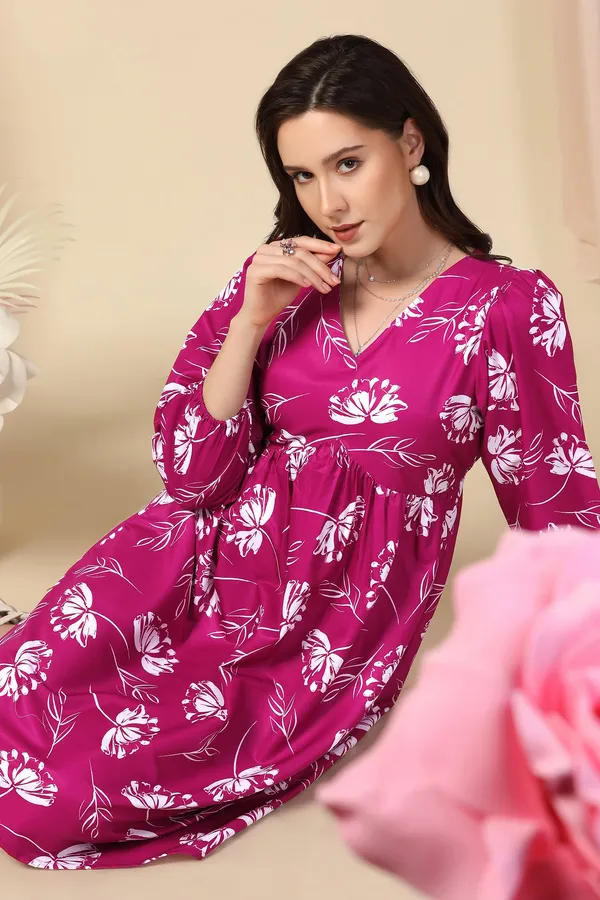 Magenta_Dress_with_Floral_Print_|_Premium_Fabric_and_Knee_Length_Dress_For_Women