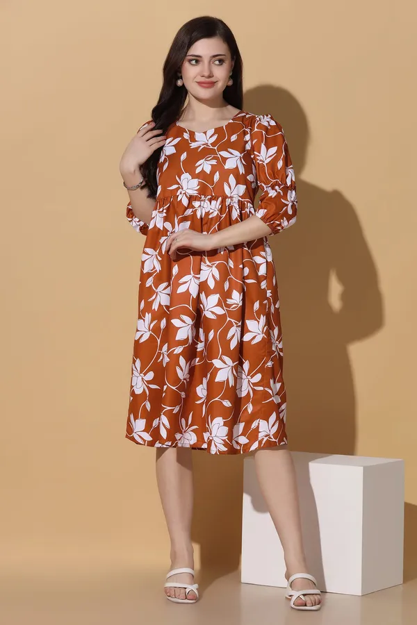 Brown_Polyester_Dress_with_Floral_Print_|_Premium_Fabric_and_Calf_Length_Dress_For_Women
