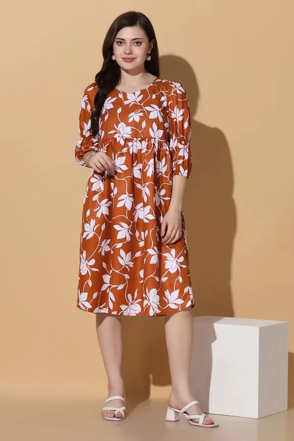Brown_Polyester_Dress_with_Floral_Print_|_Premium_Fabric_and_Calf_Length_Dress_For_Women