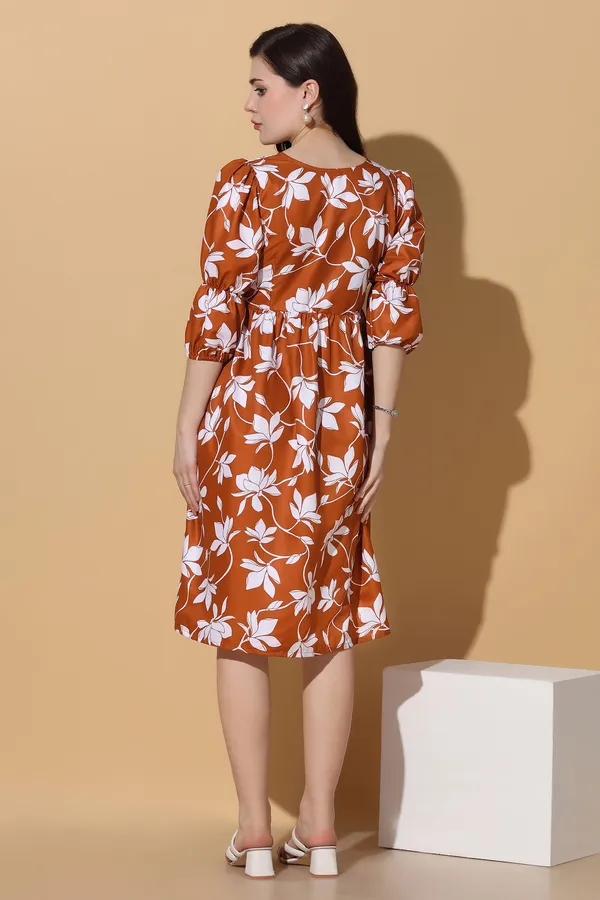 Brown_Polyester_Dress_with_Floral_Print_|_Premium_Fabric_and_Calf_Length_Dress_For_Women