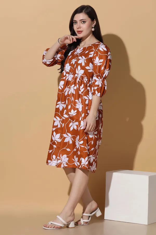 Brown_Polyester_Dress_with_Floral_Print_|_Premium_Fabric_and_Calf_Length_Dress_For_Women