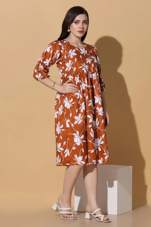 Brown_Polyester_Dress_with_Floral_Print_|_Premium_Fabric_and_Calf_Length_Dress_For_Women