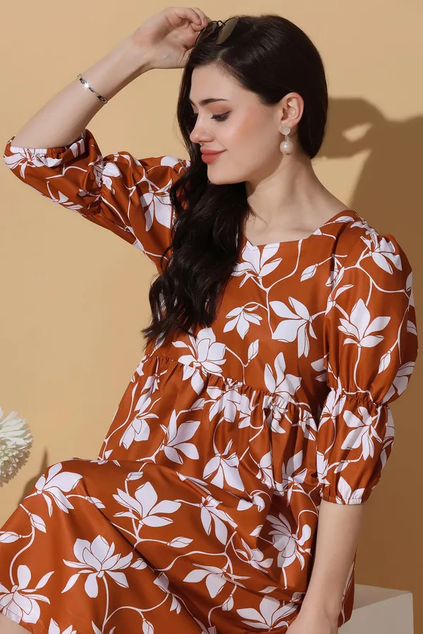 Brown_Polyester_Dress_with_Floral_Print_|_Premium_Fabric_and_Calf_Length_Dress_For_Women