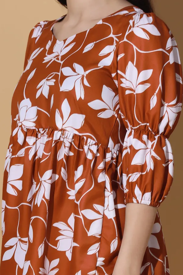 Brown_Polyester_Dress_with_Floral_Print_|_Premium_Fabric_and_Calf_Length_Dress_For_Women