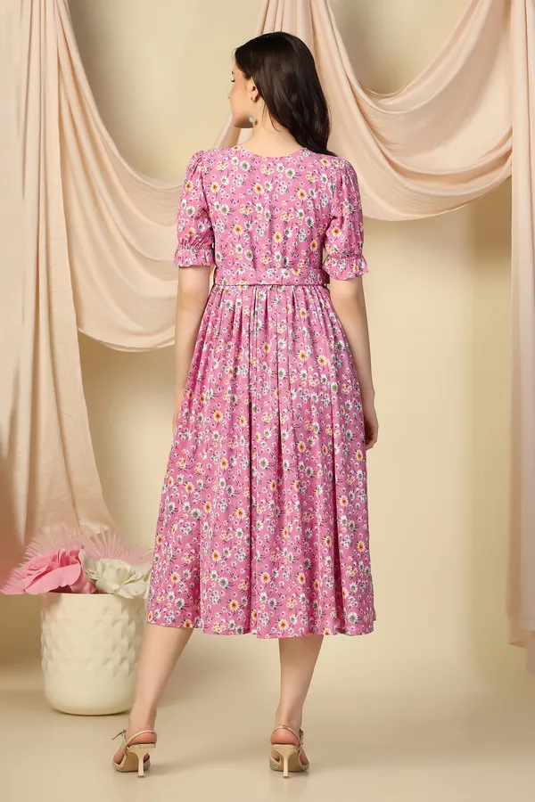 Pink_Lurex_Checks_Dress_with_Floral_Print_|_Premium_Fabric_and_Calf_Length_Dress_For_Women