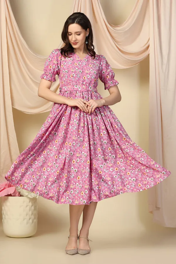 Pink_Lurex_Checks_Dress_with_Floral_Print_|_Premium_Fabric_and_Calf_Length_Dress_For_Women