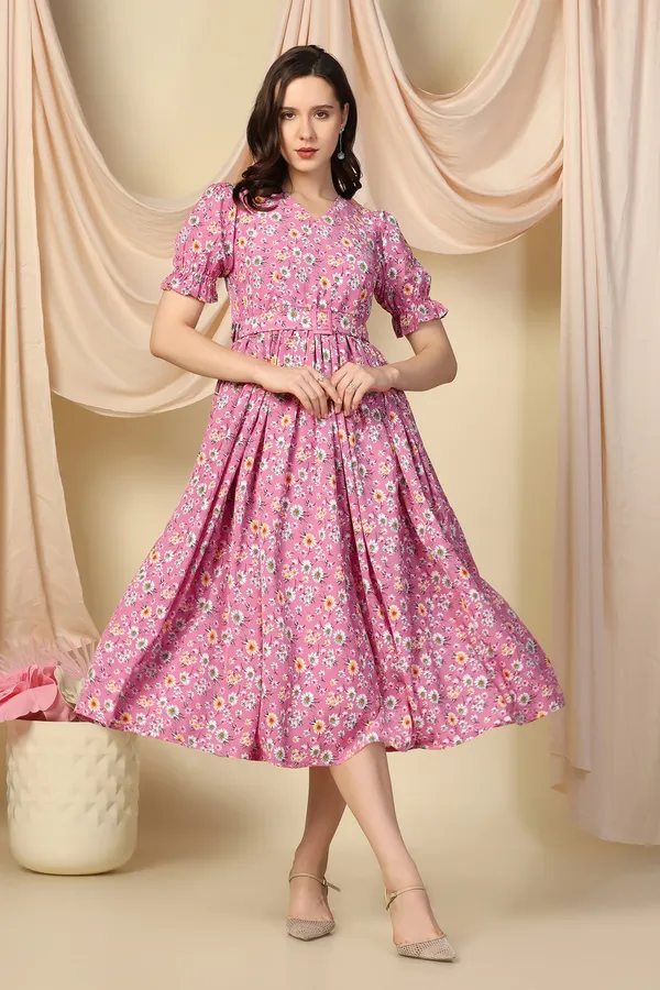Pink_Lurex_Checks_Dress_with_Floral_Print_|_Premium_Fabric_and_Calf_Length_Dress_For_Women