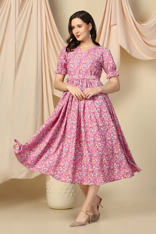 Pink_Lurex_Checks_Dress_with_Floral_Print_|_Premium_Fabric_and_Calf_Length_Dress_For_Women