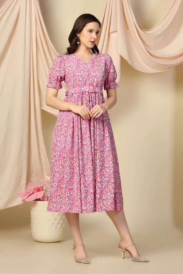 Pink_Lurex_Checks_Dress_with_Floral_Print_|_Premium_Fabric_and_Calf_Length_Dress_For_Women