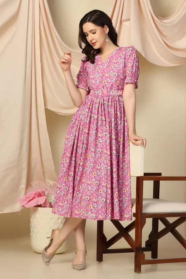 Pink_Lurex_Checks_Dress_with_Floral_Print_|_Premium_Fabric_and_Calf_Length_Dress_For_Women