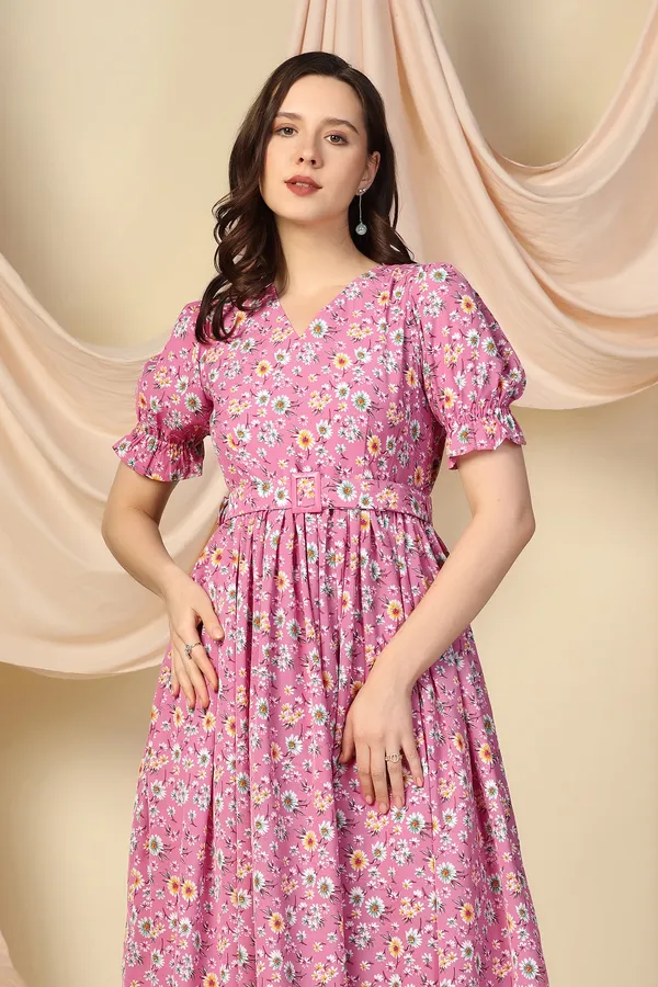 Pink_Lurex_Checks_Dress_with_Floral_Print_|_Premium_Fabric_and_Calf_Length_Dress_For_Women
