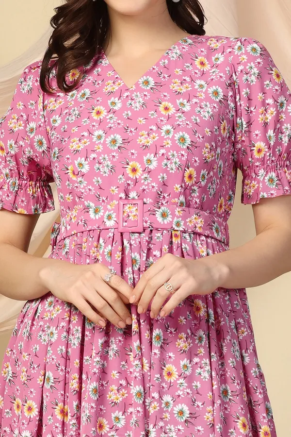 Pink_Lurex_Checks_Dress_with_Floral_Print_|_Premium_Fabric_and_Calf_Length_Dress_For_Women