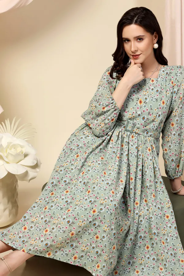 Pista_Lurex_Checks_Dress_with_Floral_Print_|_Premium_Fabric_and_Calf_Length_Dress_For_Women