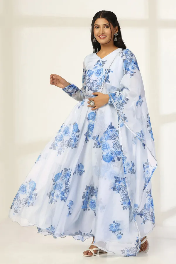 Sky_Blue_Organza_A_Line_Dress_with_Dupatta_Set_|_Floral_Print_and_Maxi_Length_Dress
