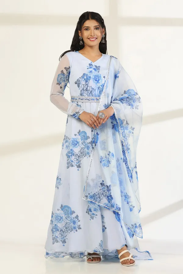 Sky_Blue_Organza_A_Line_Dress_with_Dupatta_Set_|_Floral_Print_and_Maxi_Length_Dress