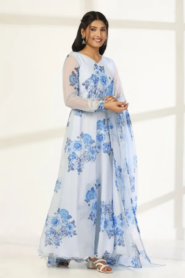 Sky_Blue_Organza_A_Line_Dress_with_Dupatta_Set_|_Floral_Print_and_Maxi_Length_Dress