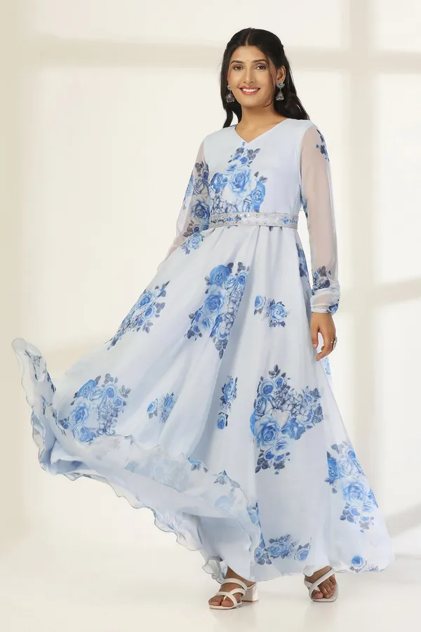 Sky_Blue_Organza_A_Line_Dress_with_Dupatta_Set_|_Floral_Print_and_Maxi_Length_Dress