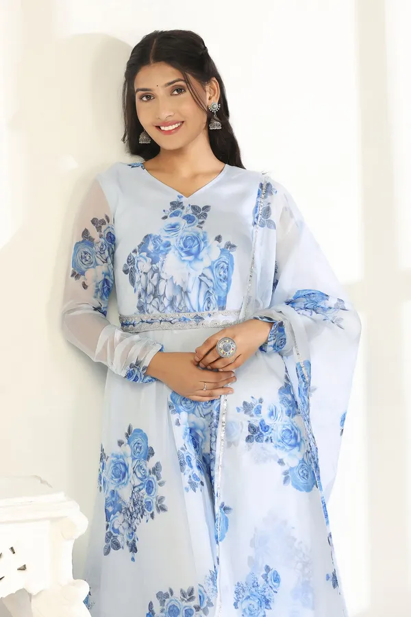 Sky_Blue_Organza_A_Line_Dress_with_Dupatta_Set_|_Floral_Print_and_Maxi_Length_Dress