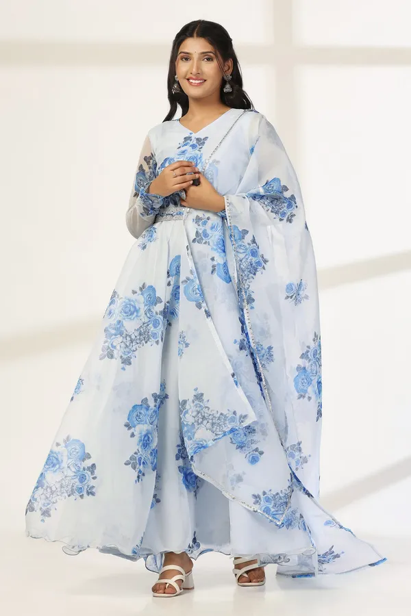 Sky_Blue_Organza_A_Line_Dress_with_Dupatta_Set_|_Floral_Print_and_Maxi_Length_Dress