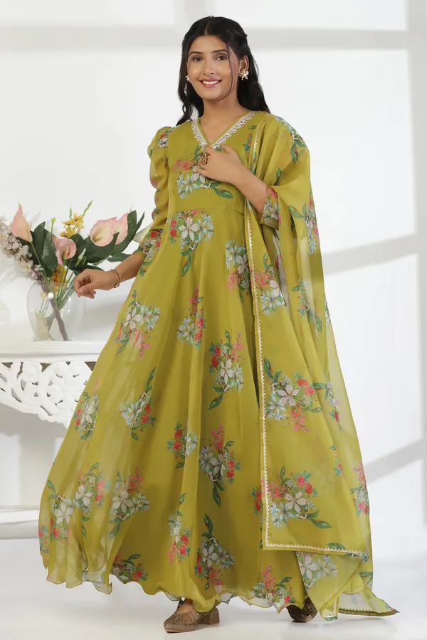 Mehandi_Organza_A_Line_Dress_with_Dupatta_Set_|_Floral_Print_and_Maxi_Length_Dress