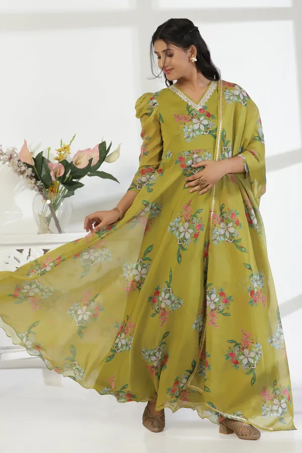 Mehandi_Organza_A_Line_Dress_with_Dupatta_Set_|_Floral_Print_and_Maxi_Length_Dress