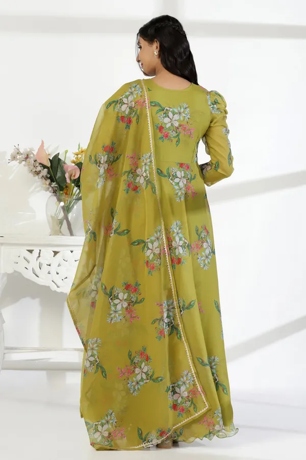 Mehandi_Organza_A_Line_Dress_with_Dupatta_Set_|_Floral_Print_and_Maxi_Length_Dress