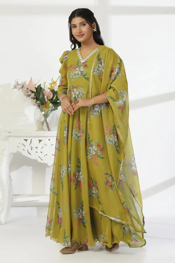 Mehandi_Organza_A_Line_Dress_with_Dupatta_Set_|_Floral_Print_and_Maxi_Length_Dress