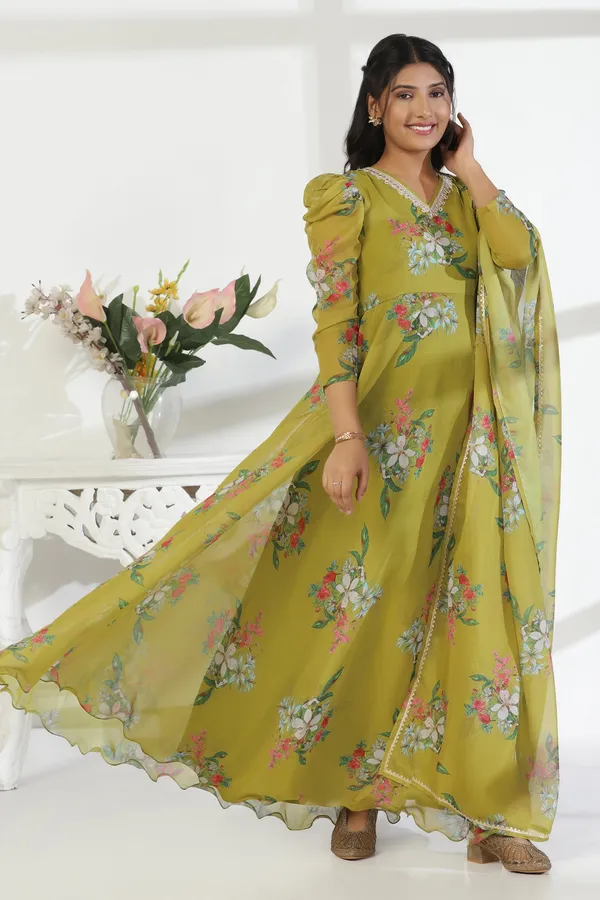 Mehandi_Organza_A_Line_Dress_with_Dupatta_Set_|_Floral_Print_and_Maxi_Length_Dress