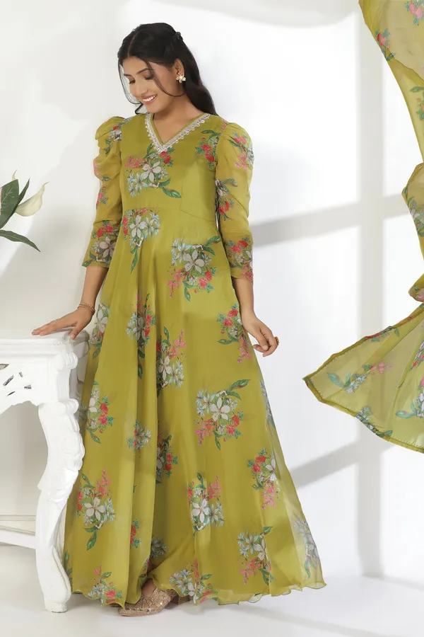 Mehandi_Organza_A_Line_Dress_with_Dupatta_Set_|_Floral_Print_and_Maxi_Length_Dress