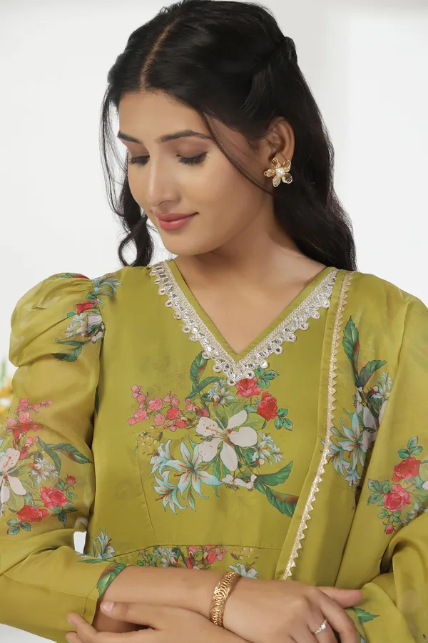 Mehandi_Organza_A_Line_Dress_with_Dupatta_Set_|_Floral_Print_and_Maxi_Length_Dress