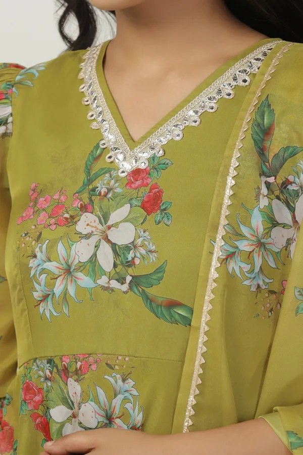 Mehandi_Organza_A_Line_Dress_with_Dupatta_Set_|_Floral_Print_and_Maxi_Length_Dress