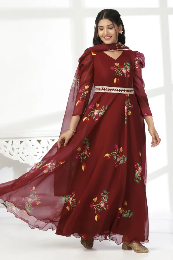 Coffee_Organza_A_Line_Dress_with_Dupatta_Set_|_Floral_Print_and_Maxi_Length_Dress
