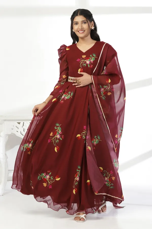 Coffee_Organza_A_Line_Dress_with_Dupatta_Set_|_Floral_Print_and_Maxi_Length_Dress
