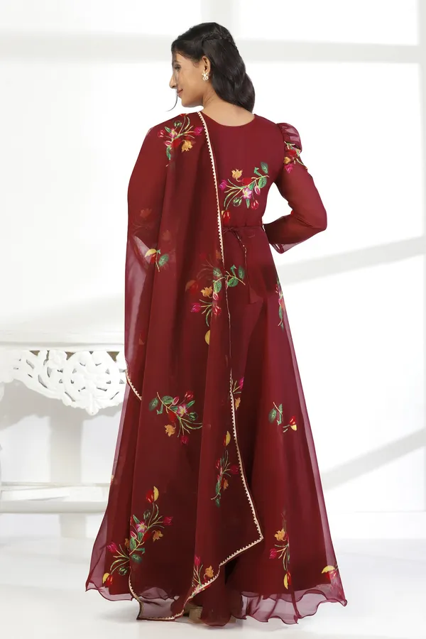 Coffee_Organza_A_Line_Dress_with_Dupatta_Set_|_Floral_Print_and_Maxi_Length_Dress