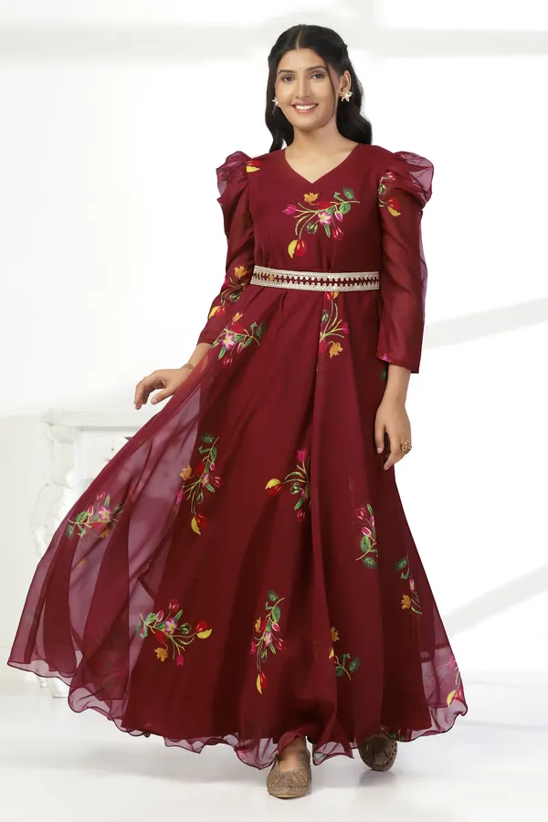 Coffee_Organza_A_Line_Dress_with_Dupatta_Set_|_Floral_Print_and_Maxi_Length_Dress