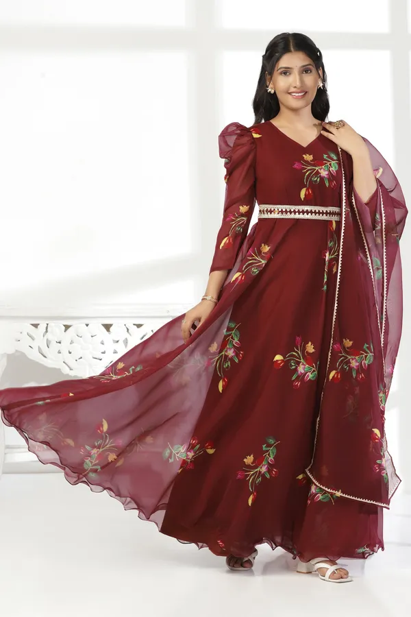Coffee_Organza_A_Line_Dress_with_Dupatta_Set_|_Floral_Print_and_Maxi_Length_Dress